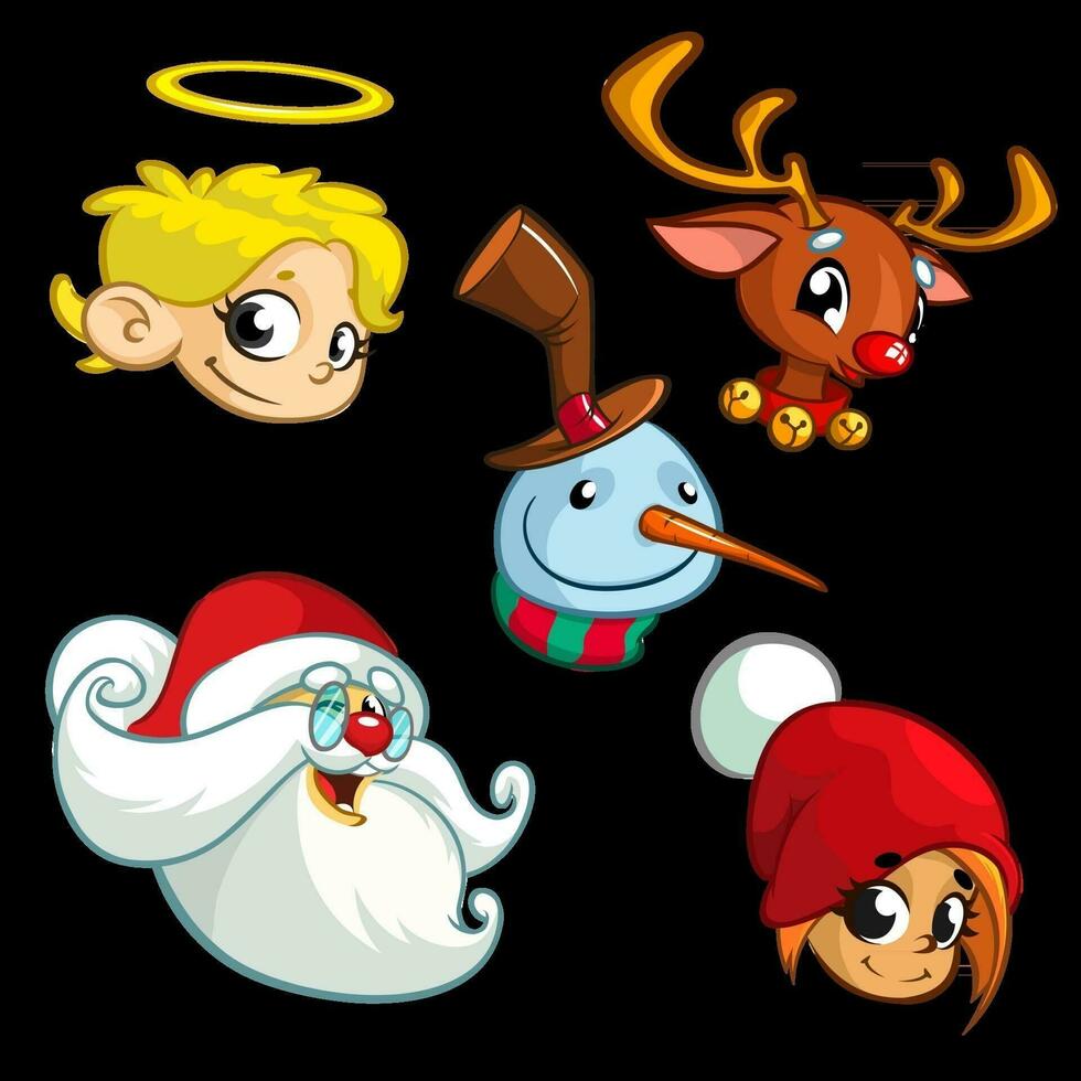 Set of Christmas characters. Vector cartoon  icons of Santa Claus, reindeer, elf, snowman.
