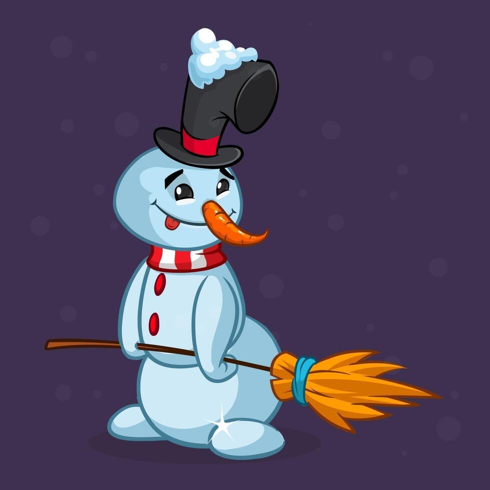 Cartoon snowman with broom and hat vector
