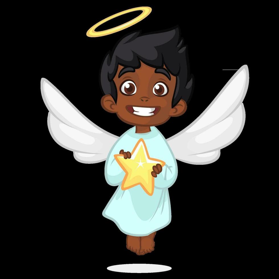 Cartoon illustration of Christmas angel with nimbus and wings. Afro-american or indian cute boy. vector