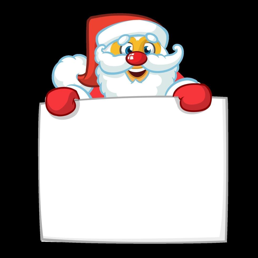 Christmas cartoon illustration of funny Santa Claus character holding blank scroll or sign for greeting text. Vector isolated