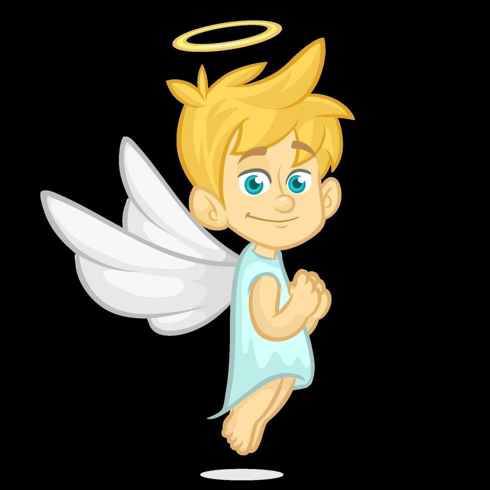 Vector cartoon illustration of Christmas angel with nimbus and wings prays