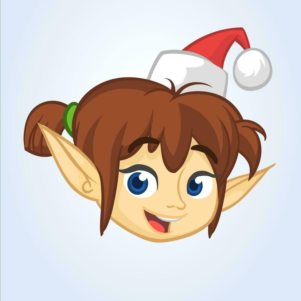 Cartoon Christmas girl elf head icon. Vector illustration isolated on white