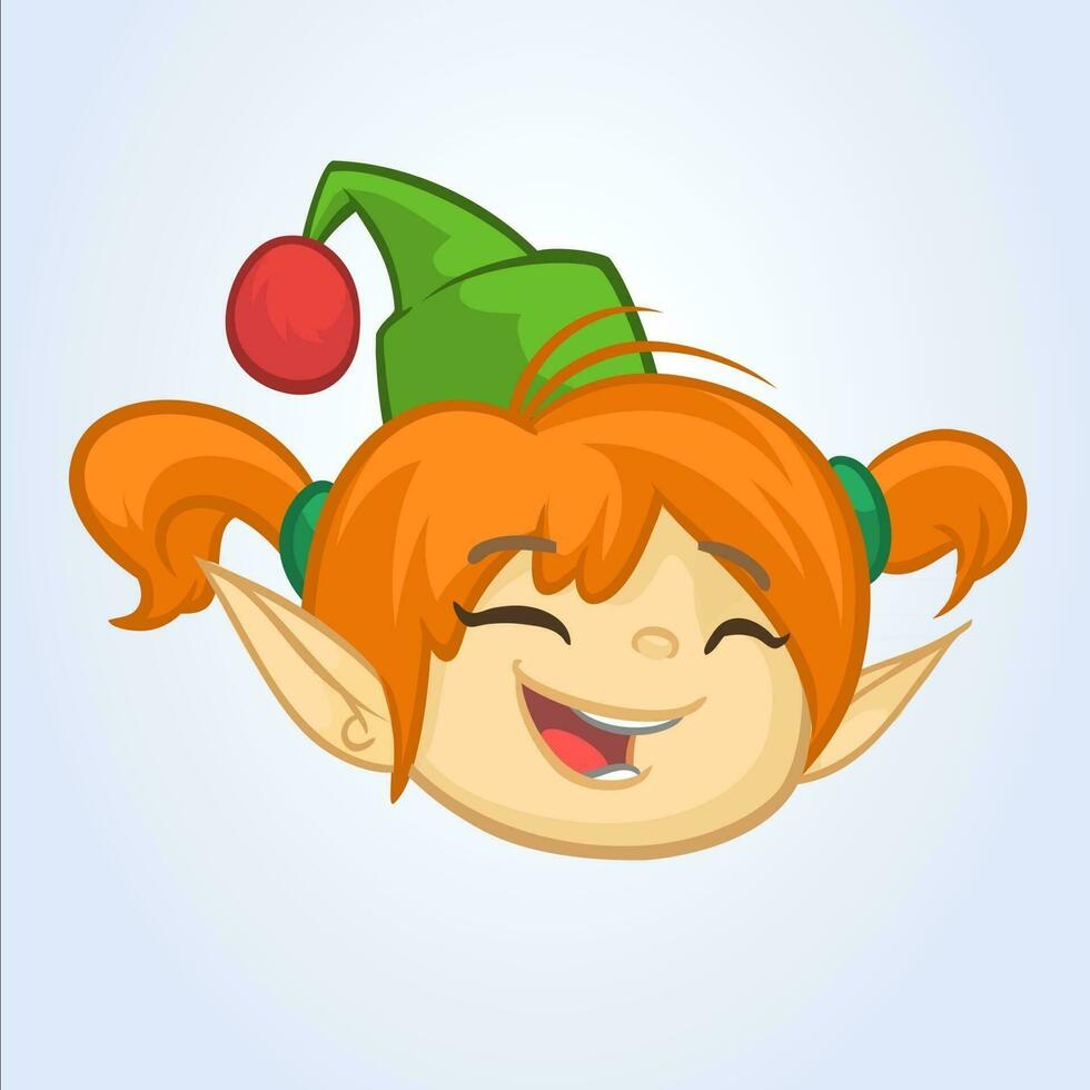 Cartoon Christmas girl elf head icon. Vector illustration isolated on white