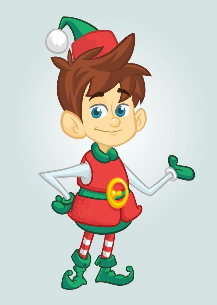 Cartoon Christmas boy elf cartoon. Cute Happy Dwarf Santa Helper Presenting vector