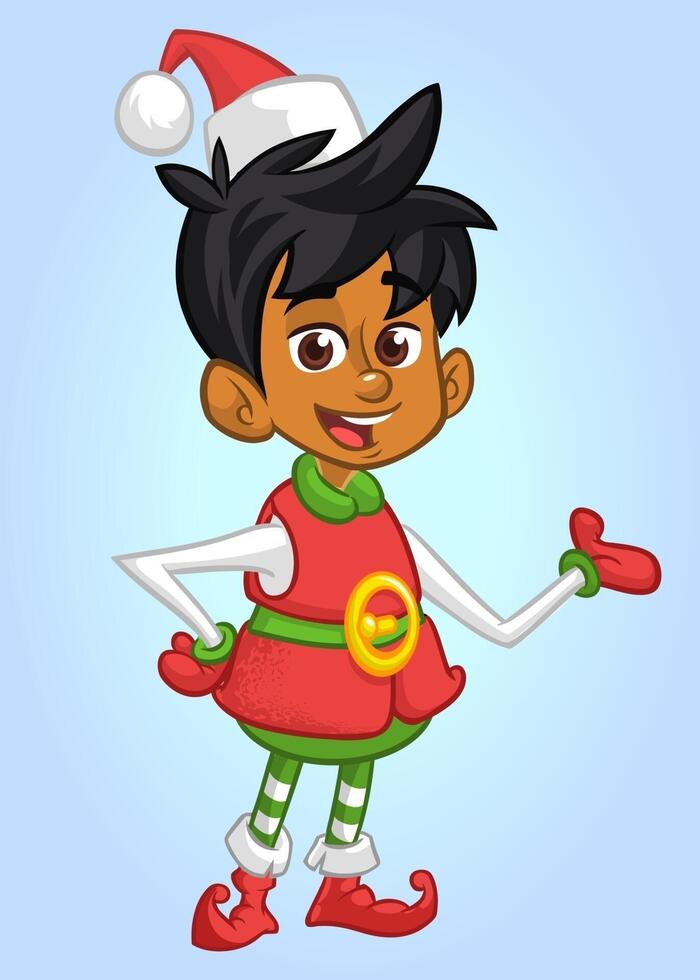 Vector illustration of Christmas afro-american or arab boy elf cartoon. Cute Happy Dwarf Santa Helper Presenting