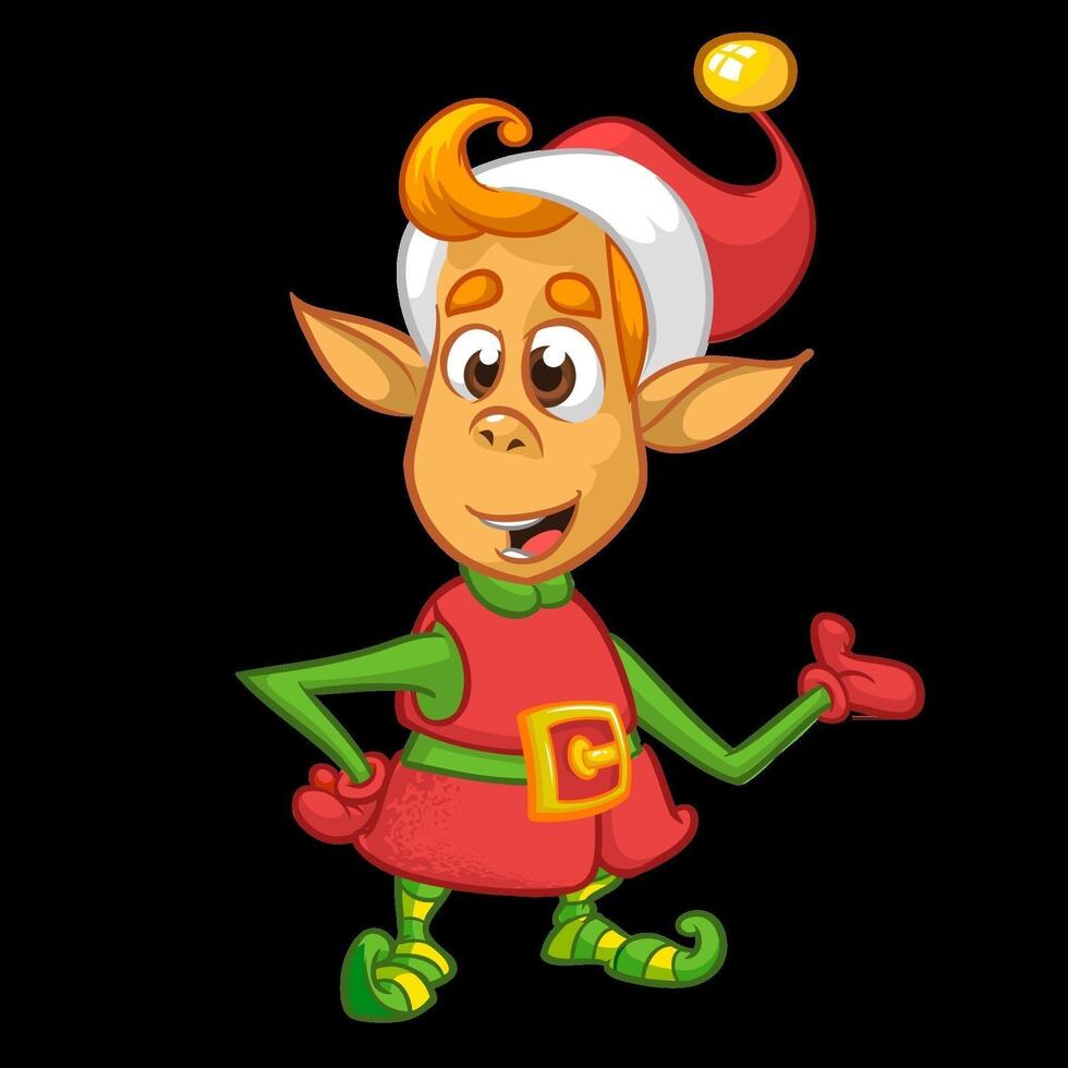 Cartoon Christmas boy elf cartoon. Cute Happy Dwarf Santa Helper Presenting vector