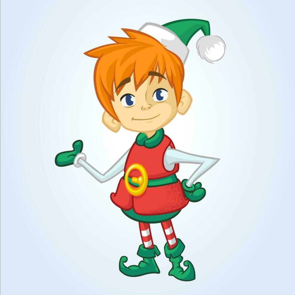 Cartoon Christmas boy elf cartoon. Cute Happy Dwarf Santa Helper Presenting vector