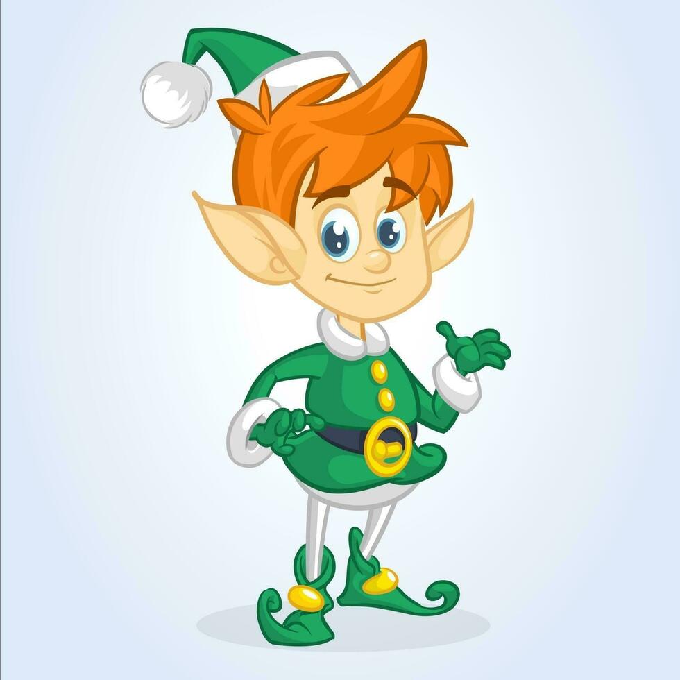 Cartoon Christmas boy elf cartoon. Cute Happy Dwarf Santa Helper Presenting vector