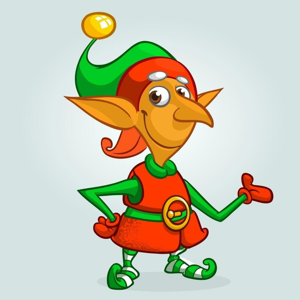 Cartoon Christmas boy elf cartoon. Cute Happy Dwarf Santa Helper Presenting vector