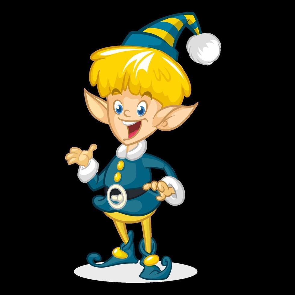 Cartoon Christmas boy elf cartoon. Cute Happy Dwarf Santa Helper Presenting vector