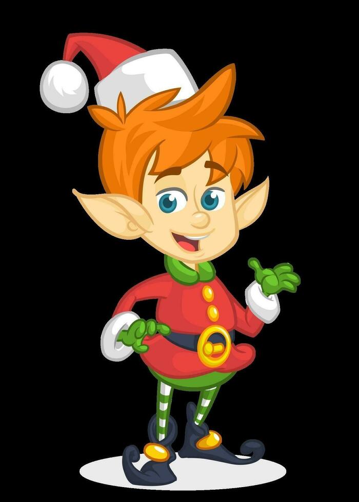 linda dibujos animados pequeño chico Papa Noel ayudante duende estar en blanco antecedentes aislado. Navidad personaje presentación. vector