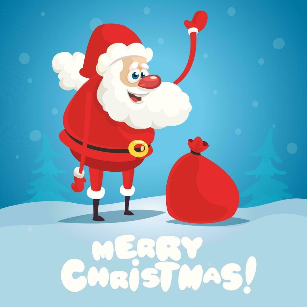 linda dibujos animados Papa Noel claus entregando regalos en grande bolso alegre Navidad vector ilustración saludo tarjeta póster.