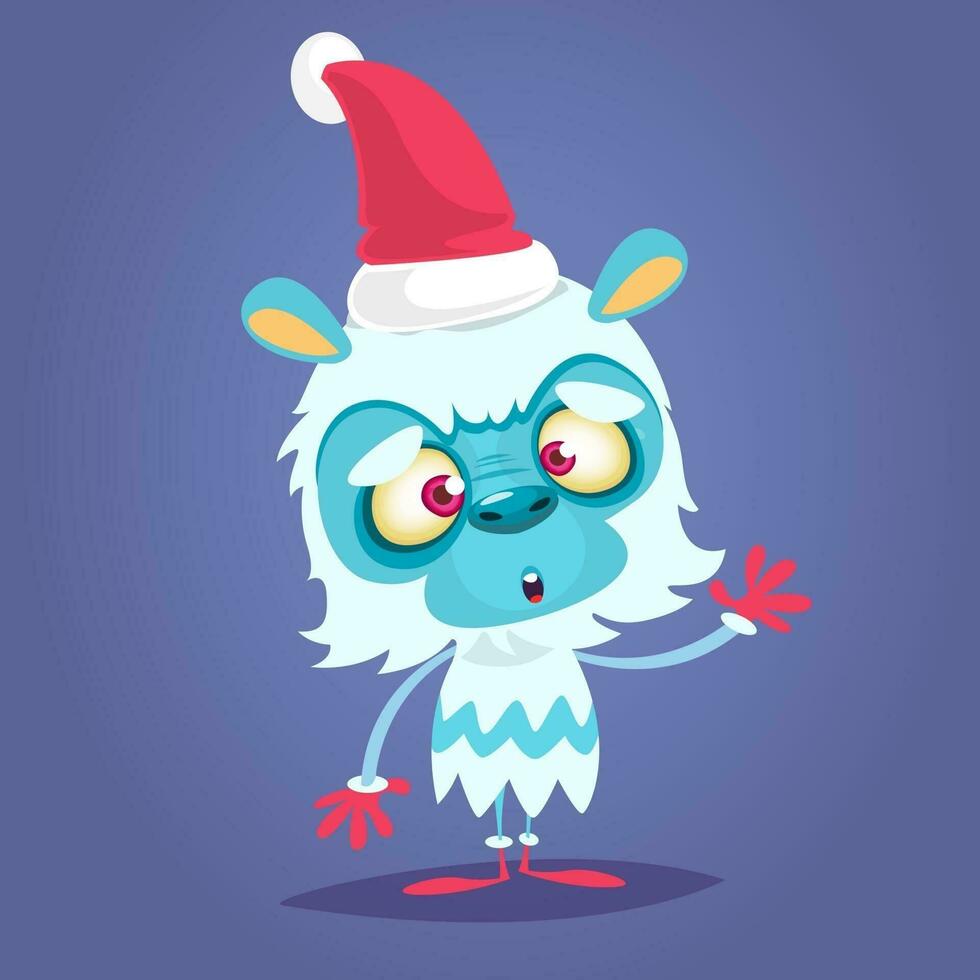 Funny cartoon monster wearing Santa Claus hat. Christmas illustration vector