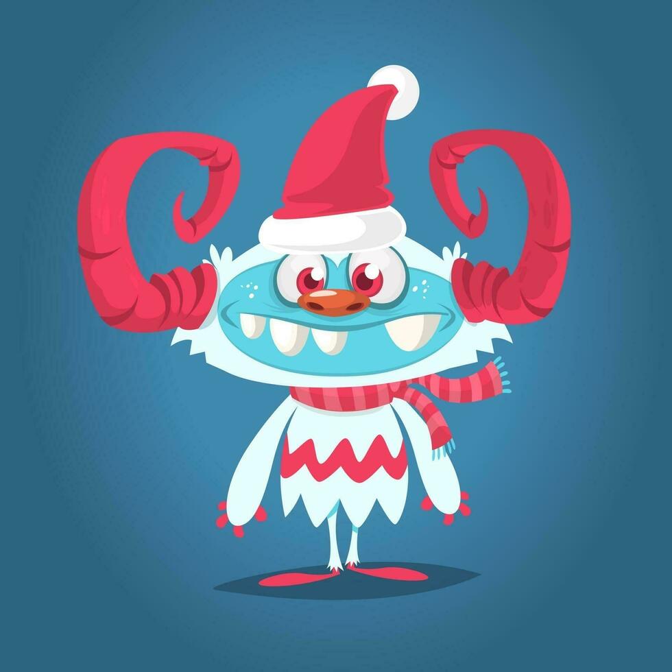 Funny cartoon monster wearing Santa Claus hat. Christmas illustration vector