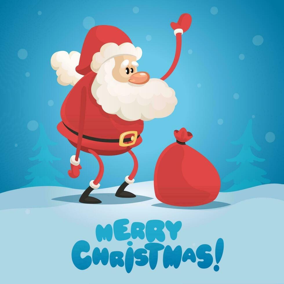 Cute cartoon Santa Claus delivering gifts in big bag Merry Christmas vector illustration Greeting card poster.