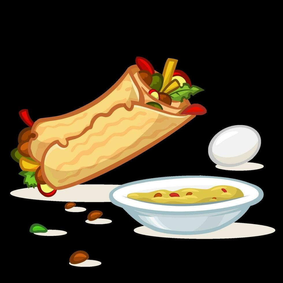 Cartoon falafel roll, plate with hummus and egg illustration. Street food icons. Vector isolated