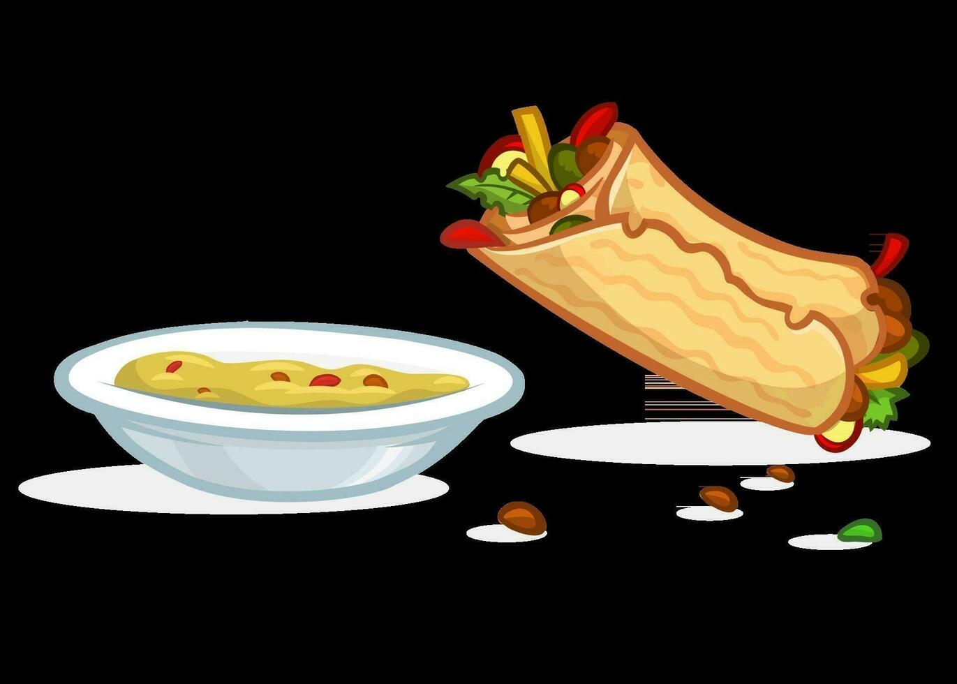 dibujos animados falafel rollo, plato con hummus. calle comida iconos vector ilustración aislado