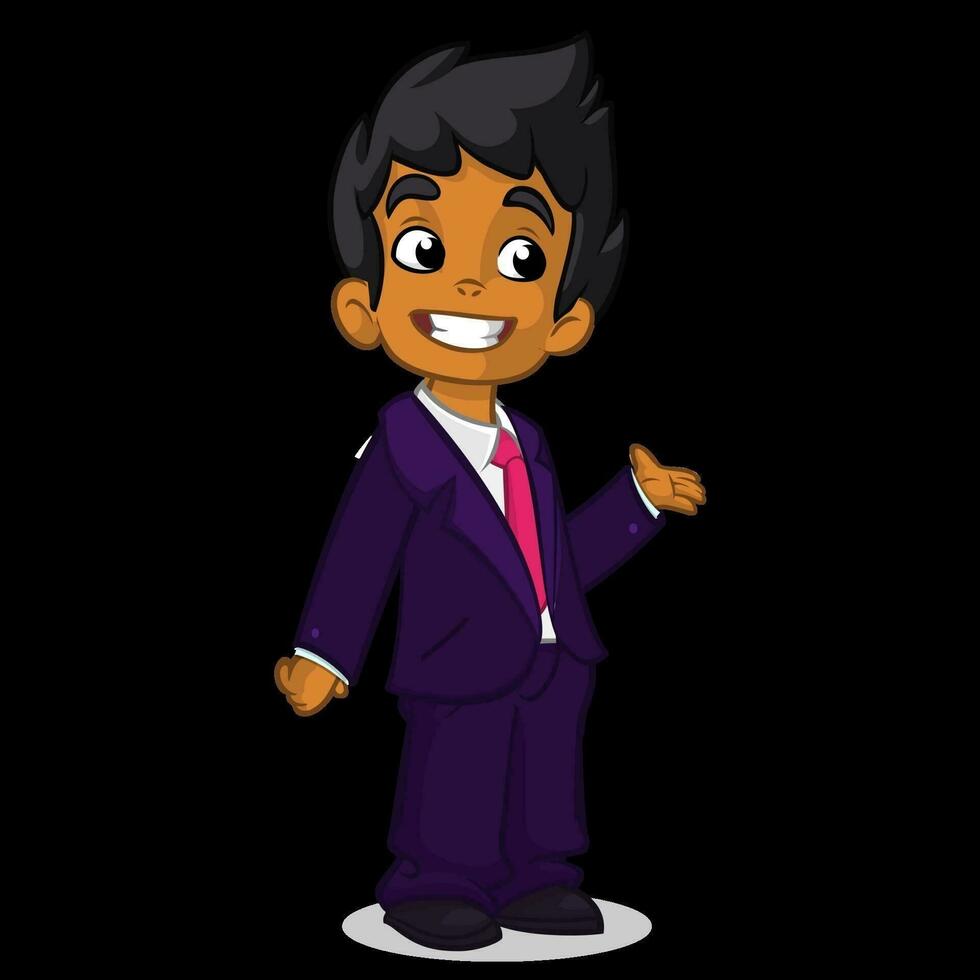 Vector illustration of a arab boy in man's clothes. Cartoon of a young boy dressed up in a mans business blue suit presenting. Office worker