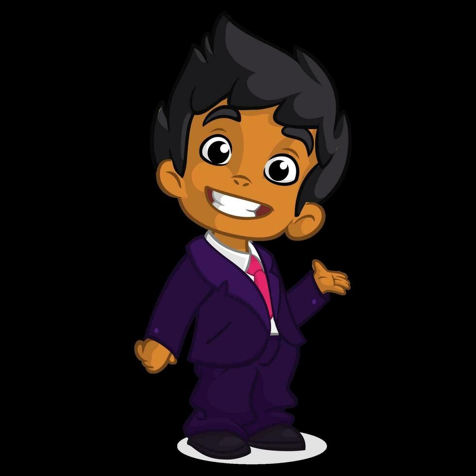 Vector illustration of a arab boy in man's clothes. Cartoon of a young boy dressed up in a mans business blue suit presenting. Office worker