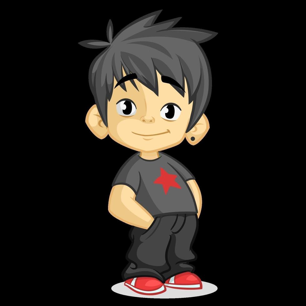 linda pequeño chico con negro pelo vestido en negro en pie y sonriente. vector dibujos animados niño personaje con manos en bolsillos