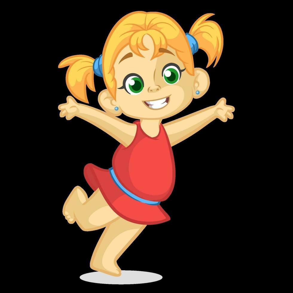 Vector color cartoon image of a cute little girl in red dress