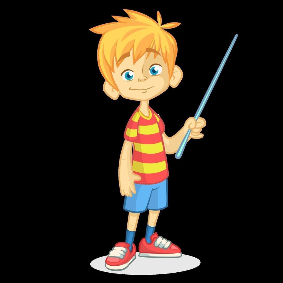 Cartoon little boy in shorts and striped t-shirt. Vector illustration of a funny make presentation with pointer