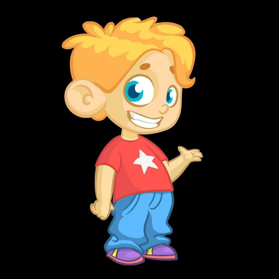 Cute blonde young boy waving and smiling. Vector cartoon  illustration of a teenager in red t-shirt presenting. Icon