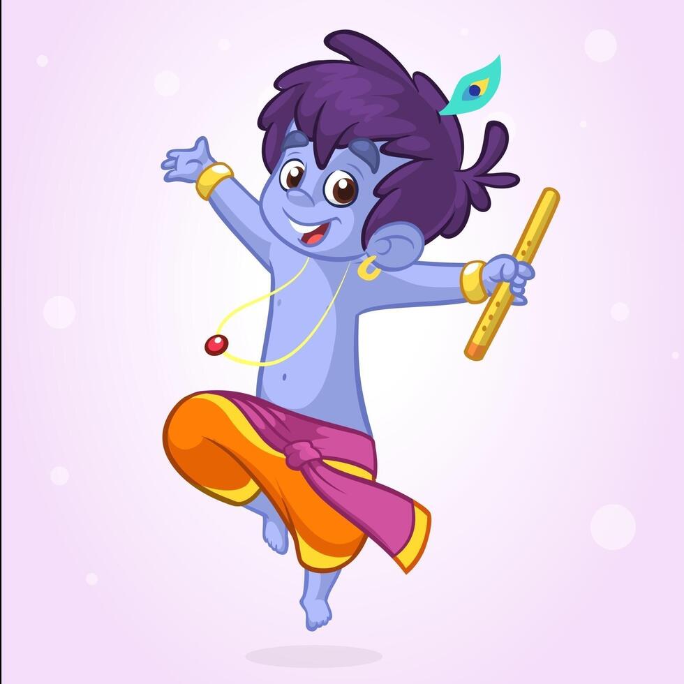 pequeño dibujos animados Krishna con un flauta. saludo tarjeta para Krishna cumpleaños. vector ilustración aislado en un blanco antecedentes. resumido ilustración