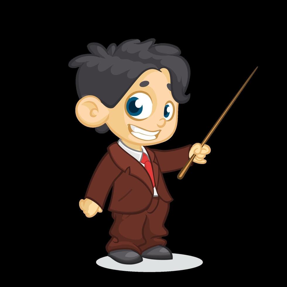 Cartoon little cute  boy character presenting with a pointer. Vector illustration of a small boy presenting. Presentation clip art