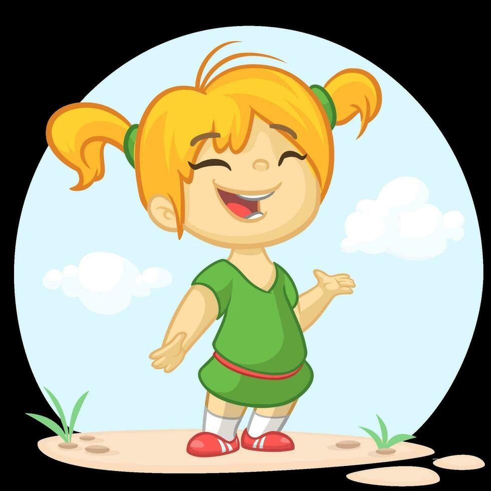 rubio pequeño niña en un verde vestir presentación. fiesta vector ilustración dibujos animados estilo para saludo tarjeta, póster, bandera. rubio adolescente niña en pie hablando verano ilustración