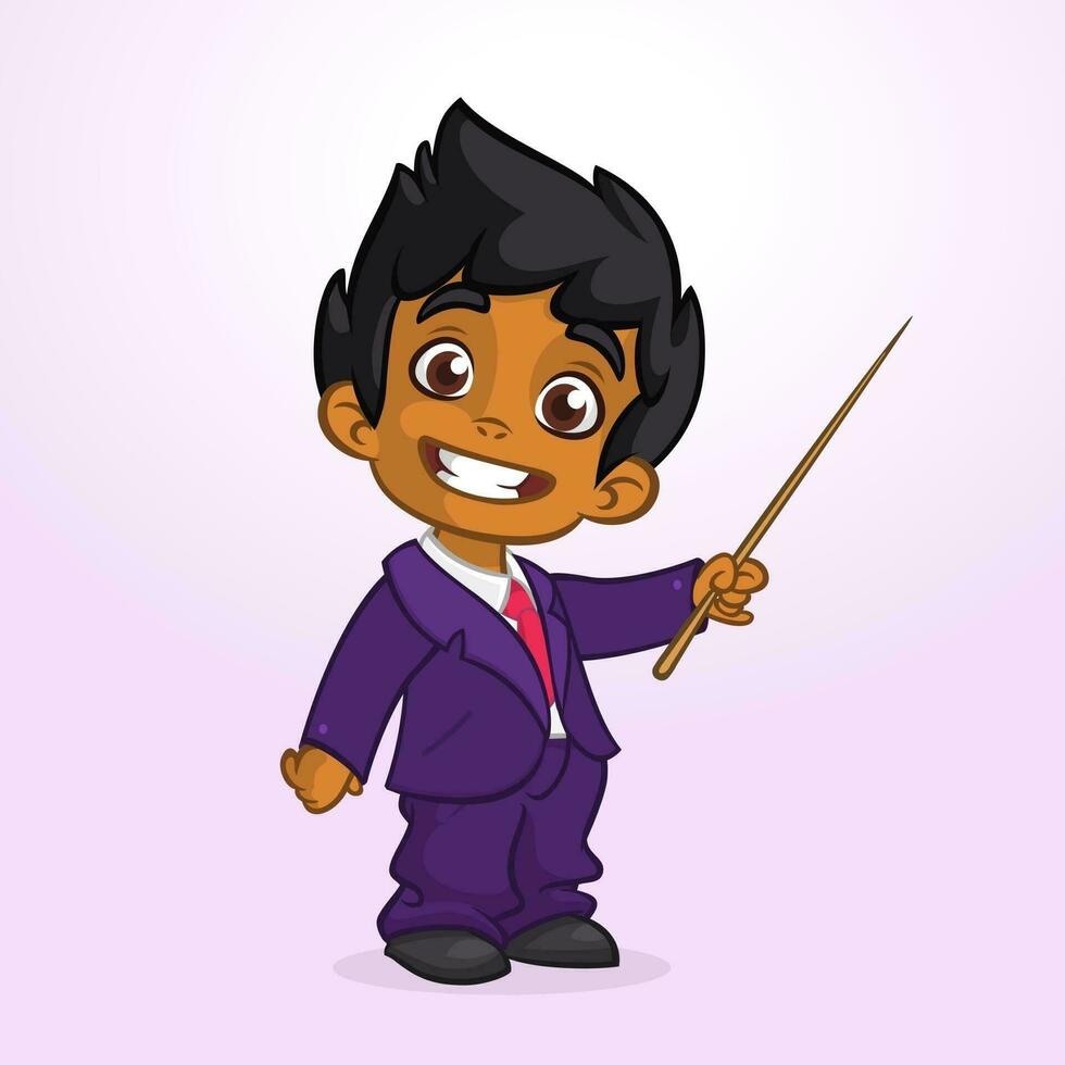 Cartoon cute arab  boy dressed up in a mans business blue suit presenting with pointer. Vector illustration of afro-american or indian boy presenting