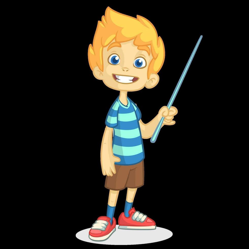 dibujos animados pequeño chico en pantalones cortos y a rayas camiseta. vector ilustración de un gracioso hacer presentación con puntero