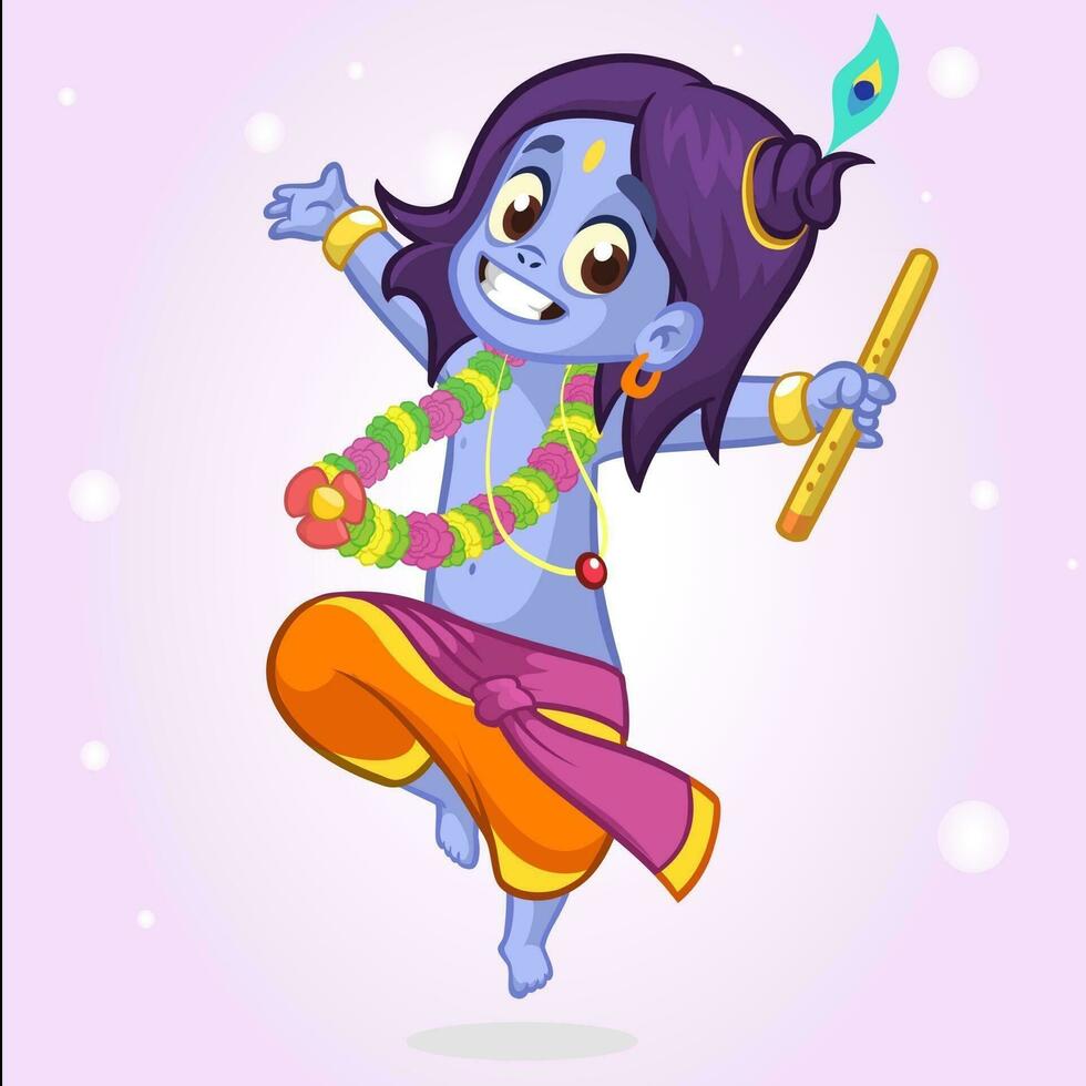 pequeño dibujos animados Krishna con un flauta. saludo tarjeta para Krishna cumpleaños. vector ilustración aislado en un blanco antecedentes. resumido ilustración
