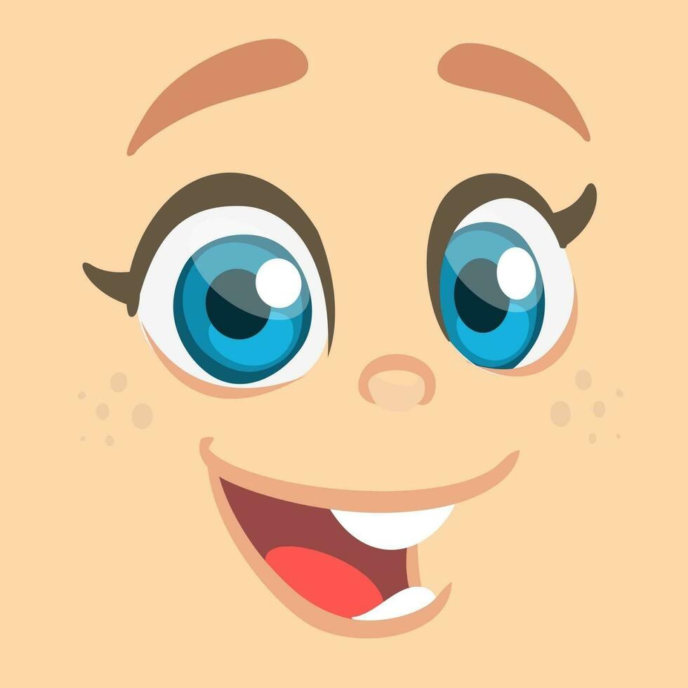 Cartoon cute girl laughing emotion. Cute cartoon vector girl face expressions set