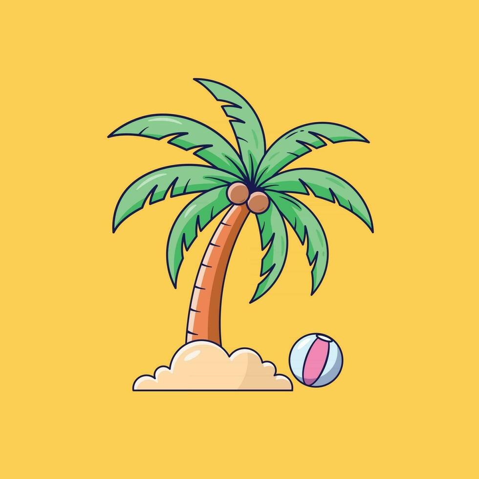 Coconut tree Green leaves with a ball on the beach in summer, vector design and isolated background.