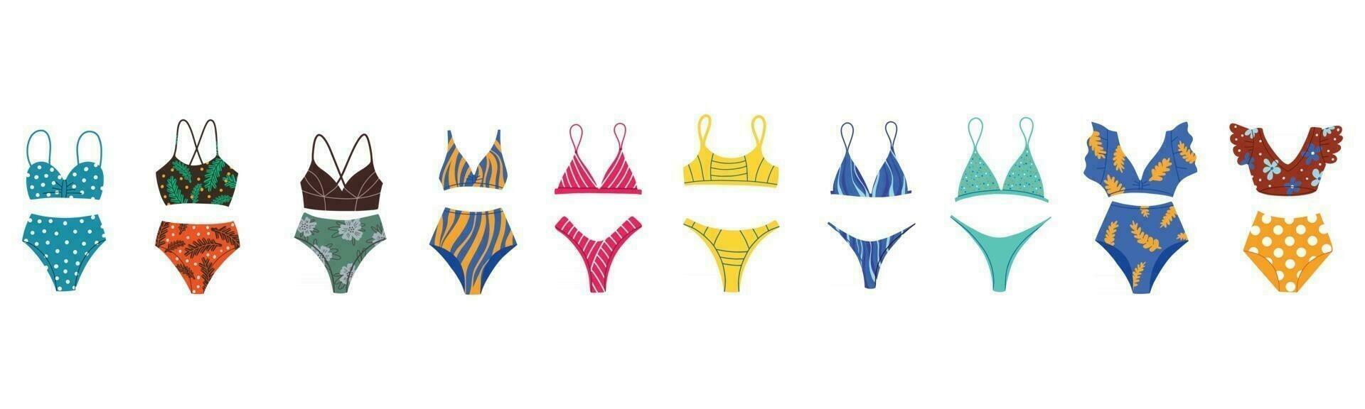 A set of different women's swimsuits. Beachwear. Two-piece swimsuits, retro-style swimsuits, sports. Vector Flat Illu