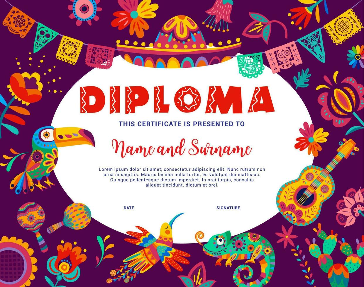 Kids diploma with mexican animals and flowers vector