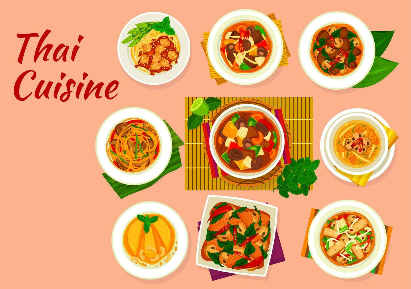 Thai cuisine vector dishes with Asian food