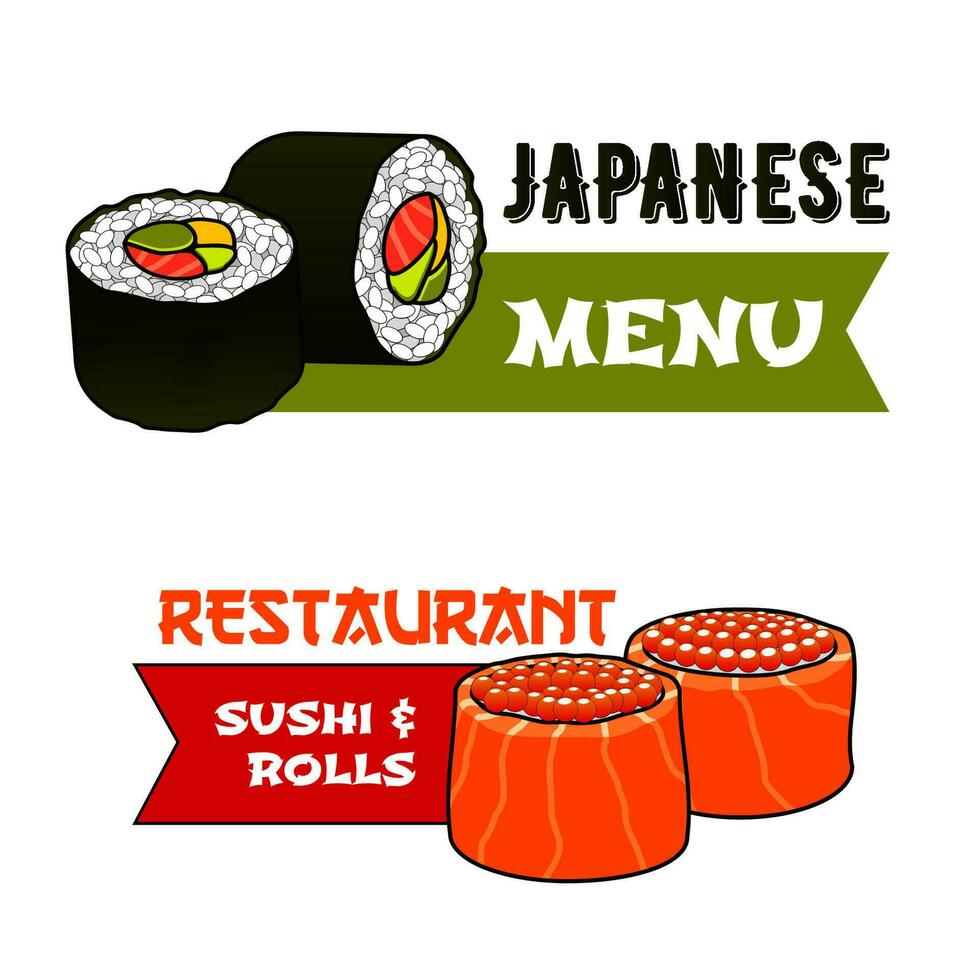 Sushi y rollos iconos, japonés cocina comida vector