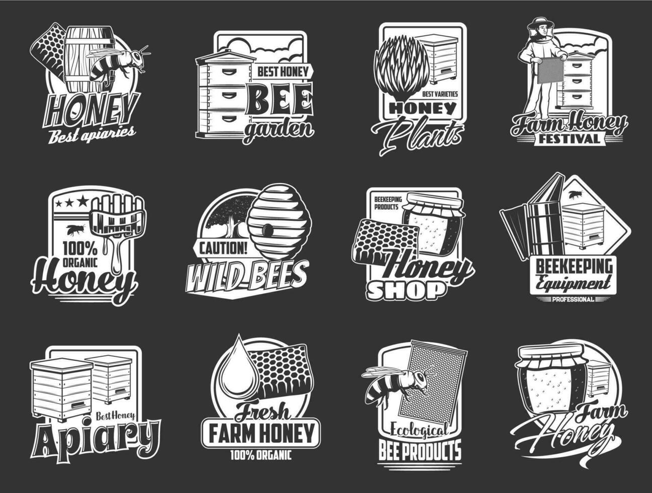 Honey bee, honeycomb and apiary beehive icons vector