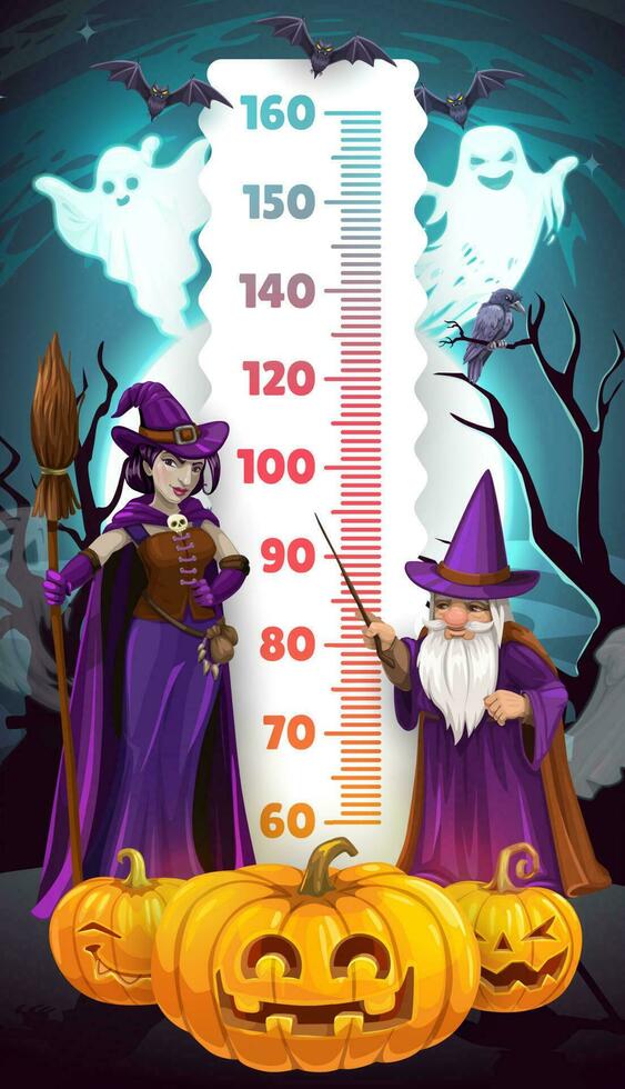 Halloween kids height chart, cartoon witch, wizard vector