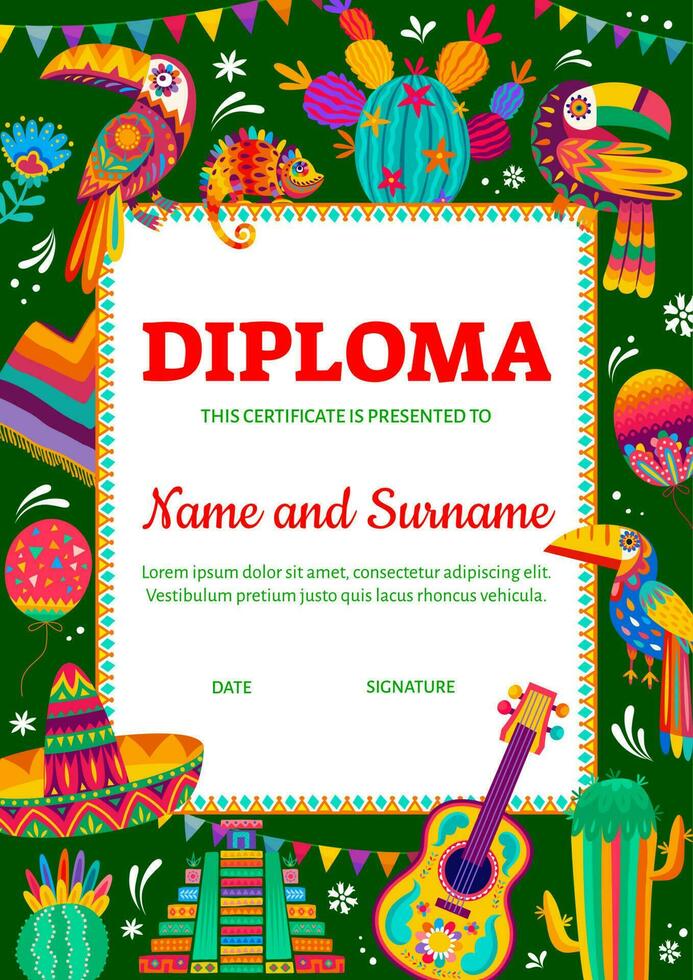 niños diploma certificado mexicano sombrero, cactus vector