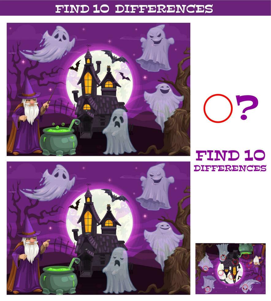 Kids game find ten differences Halloween theme vector