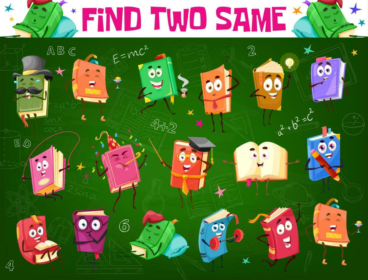 Find two same textbook kids game, puzzle worksheet vector