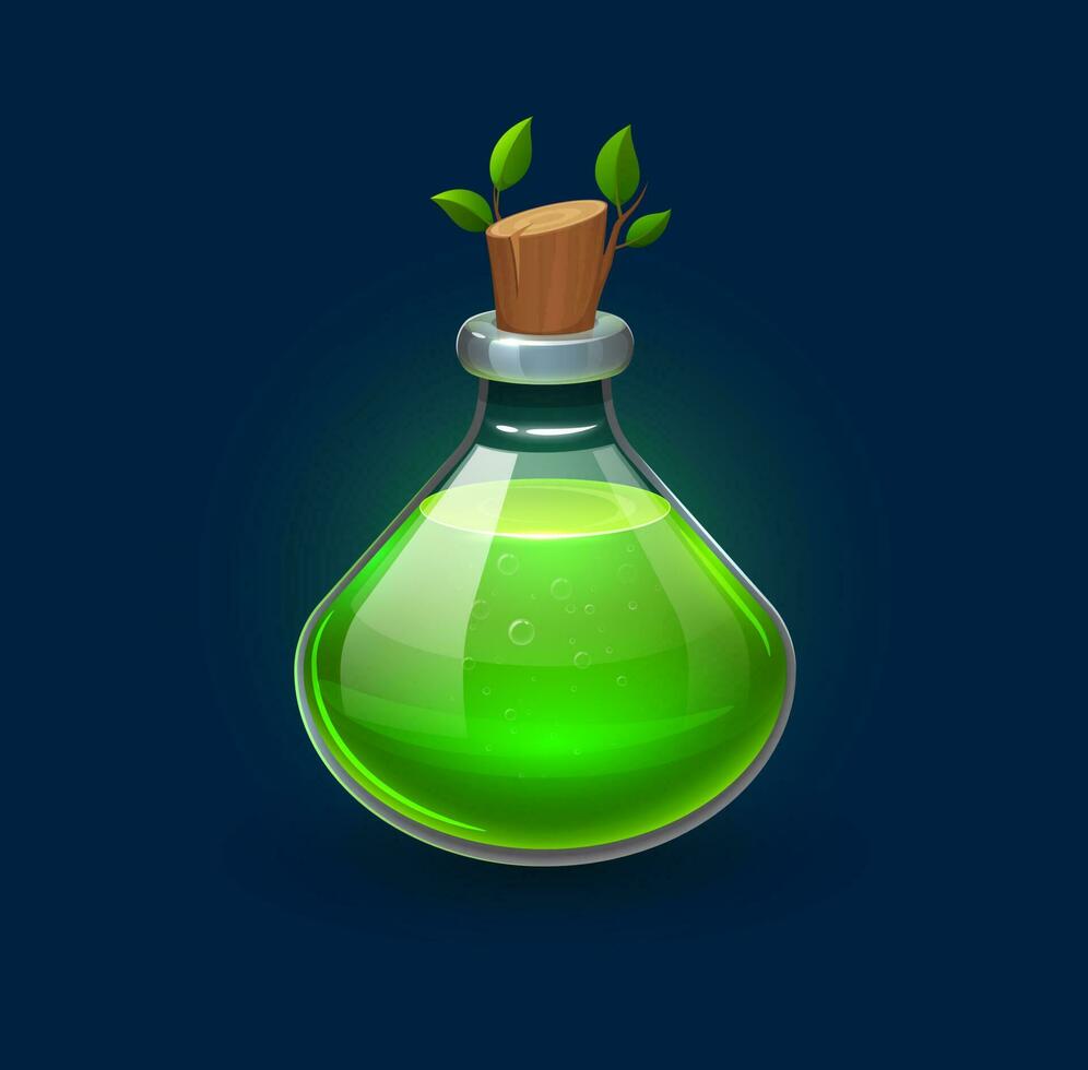 Witchcraft green potion in bottle, growth elixir vector