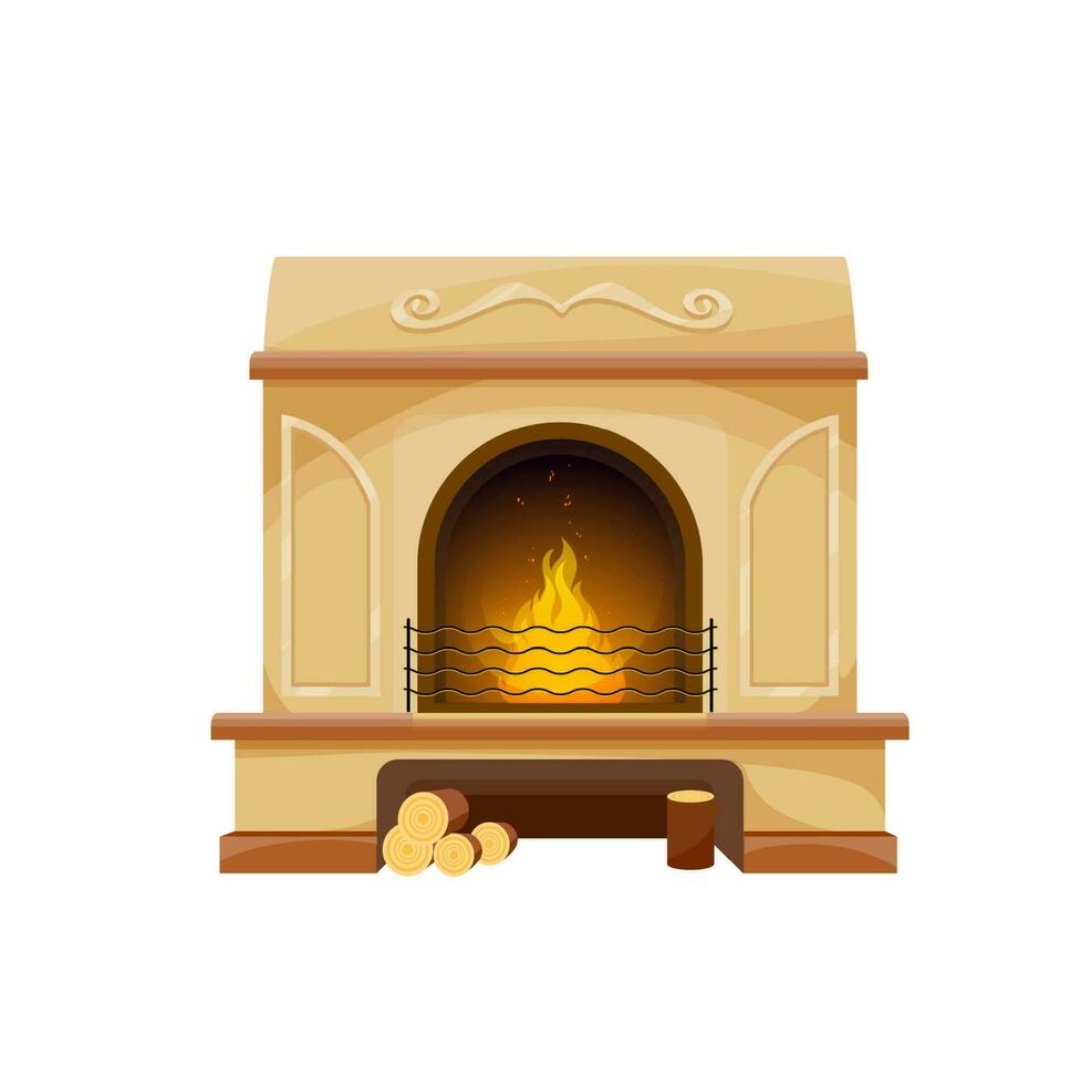 Interior fireplace with firewood, oven, hearth vector