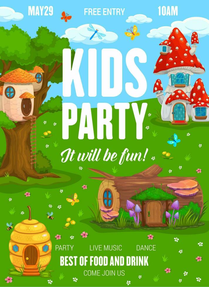 Kids party flyer, fairy fantasy house and dwelling vector