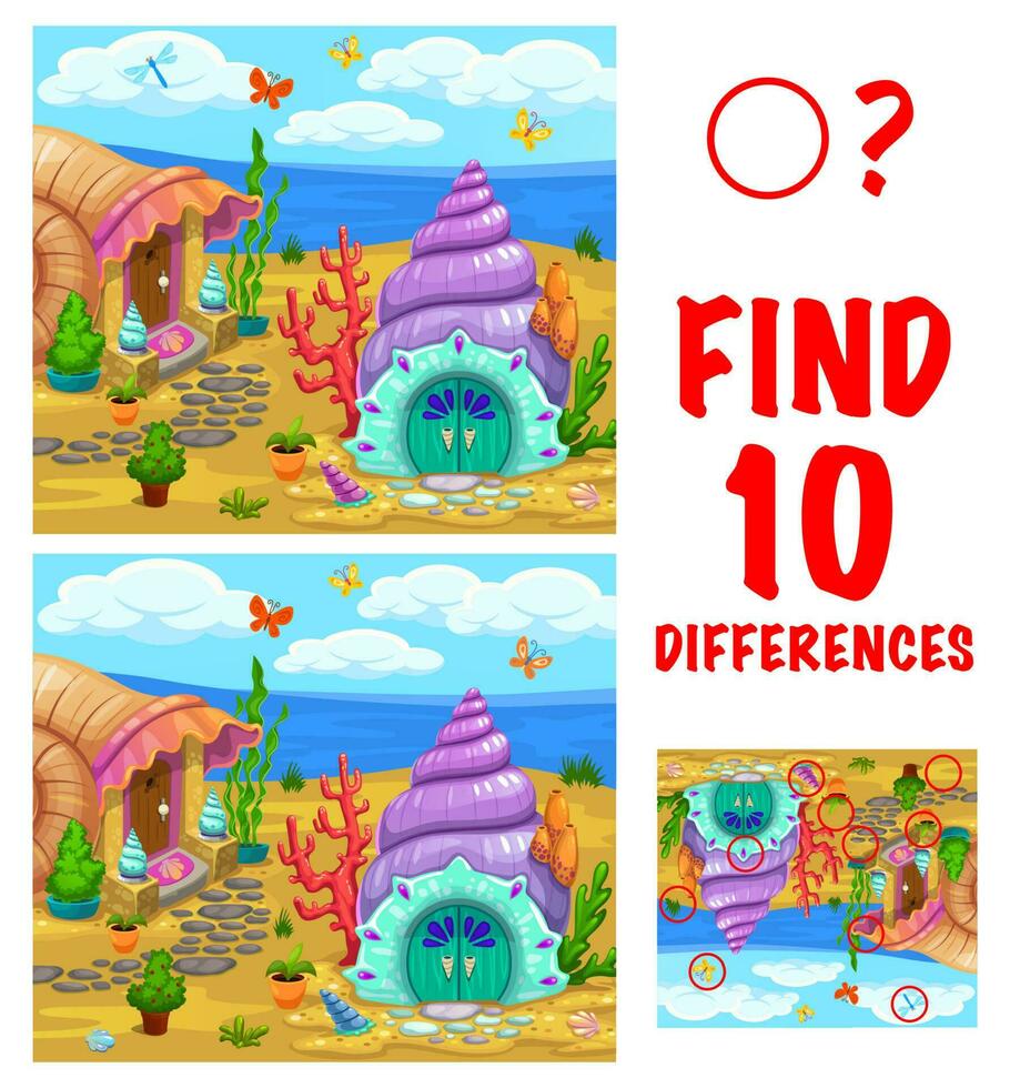Find ten differences kids game with seashell house vector