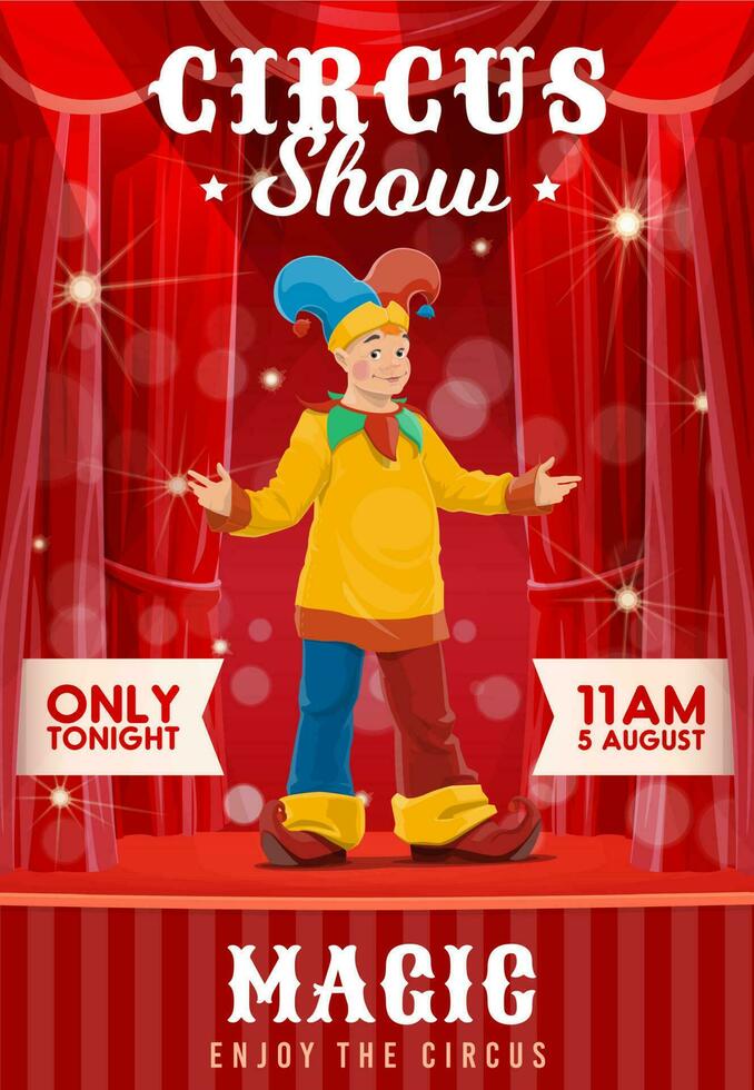 Shapito circus poster, cartoon clown character vector