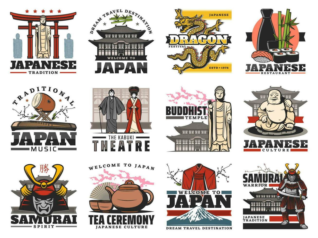 Japan icons of travel landmark, food and culture vector